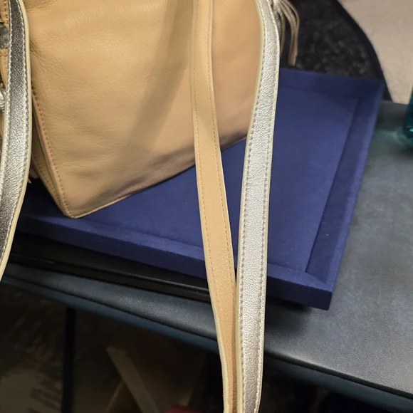 Vintage Brighton Leather Crossbody Bag Beige Silver Tassel Purse